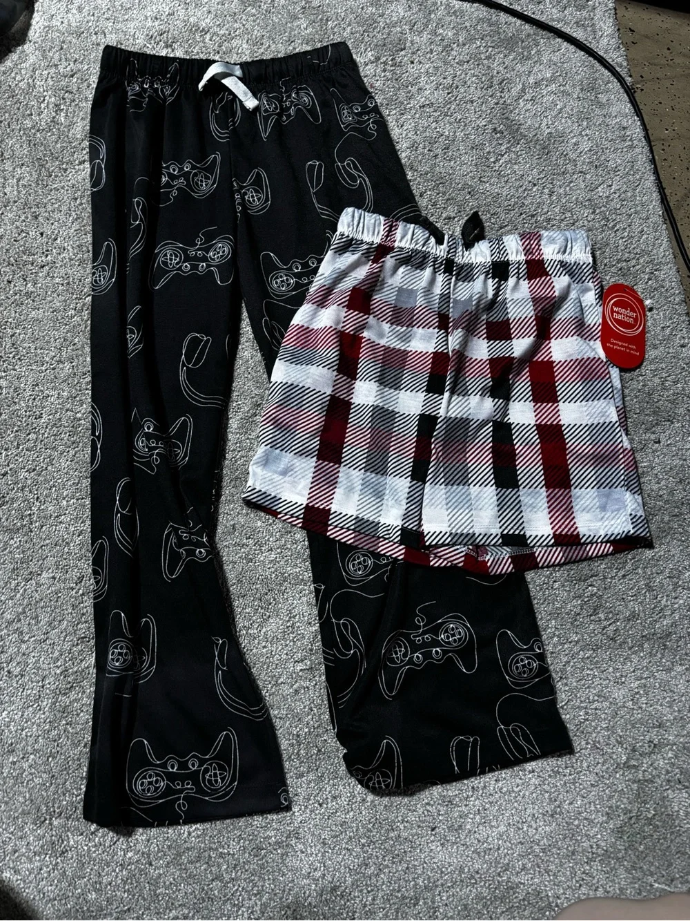 wonder nation Black Controller Print Pajama Bottoms with Red Plaid Shorts